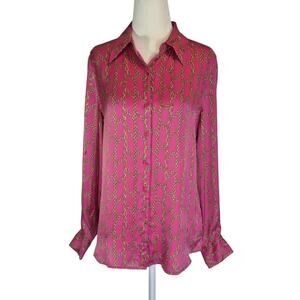 New Trina Turk Womens Silk Blend Pink Gold Chain Button Up Top Blouse XS